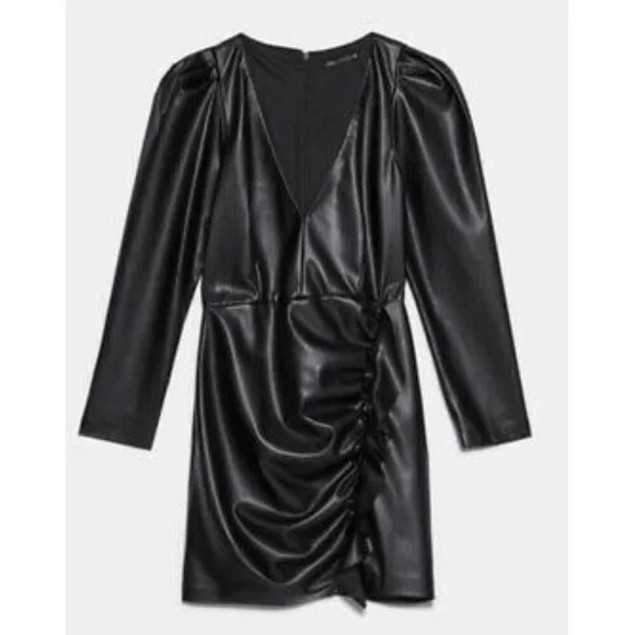 Zara women black faux leather ruched mini dress XS three quarter sleeve LBD NWT - Picture 6 of 6